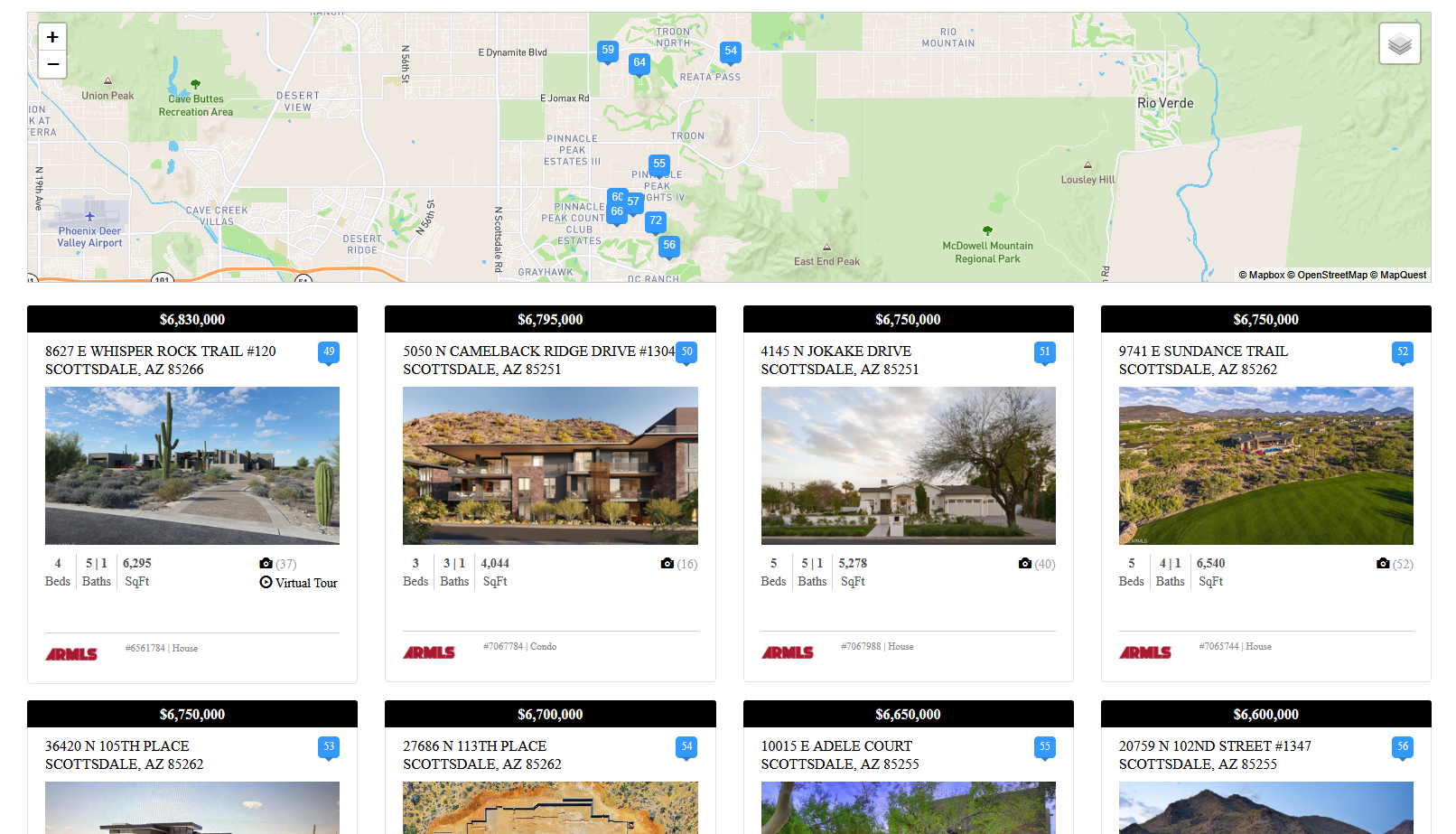 Advanced IDX search results showing a map and property listings